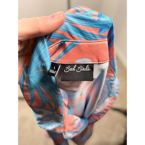 Bad Birdie Mens Large Tropical Floral Golf Polo Shirt Coral Teal Short Sleeve - Picture 5 of 5